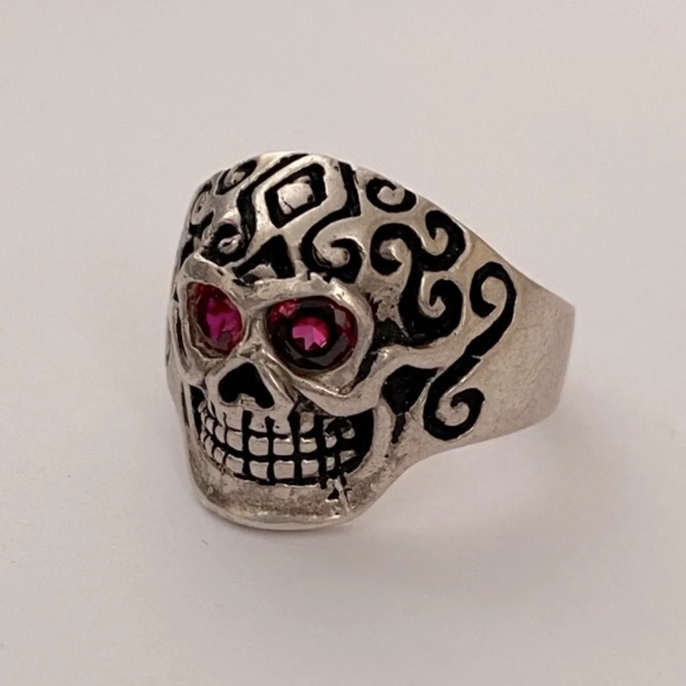925 sterling silver biker skull ring red cz stone